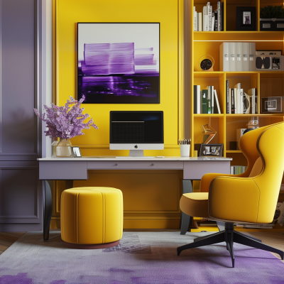 A modern home office with a yellow accent wall, featuring a sleek desk, desktop computer, comfortable chair, ottoman, and decorative shelving with books and ornaments.