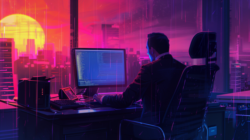 A business man working at a computer desk with multiple screens showing code, against a neon-lit cityscape background.