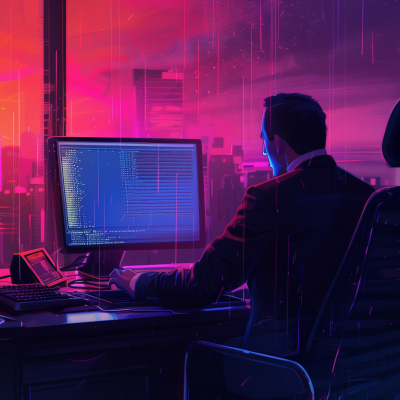 A business man working at a computer desk with multiple screens showing code, against a neon-lit cityscape background.