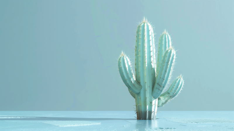 A digitally rendered image of a large green cactus with multiple arms against a pale blue background.