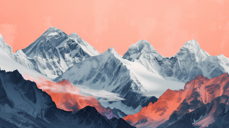 A digital artwork of mountain peaks with a blend of white and red hues against a salmon pink sky, conveying a serene yet surreal nature scene.