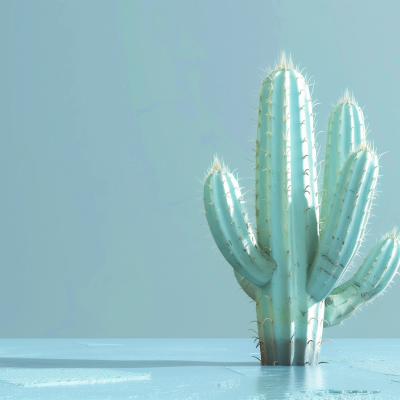 A digitally rendered image of a large green cactus with multiple arms against a pale blue background.