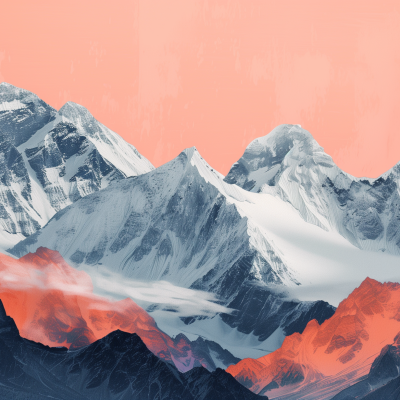 A digital artwork of mountain peaks with a blend of white and red hues against a salmon pink sky, conveying a serene yet surreal nature scene.