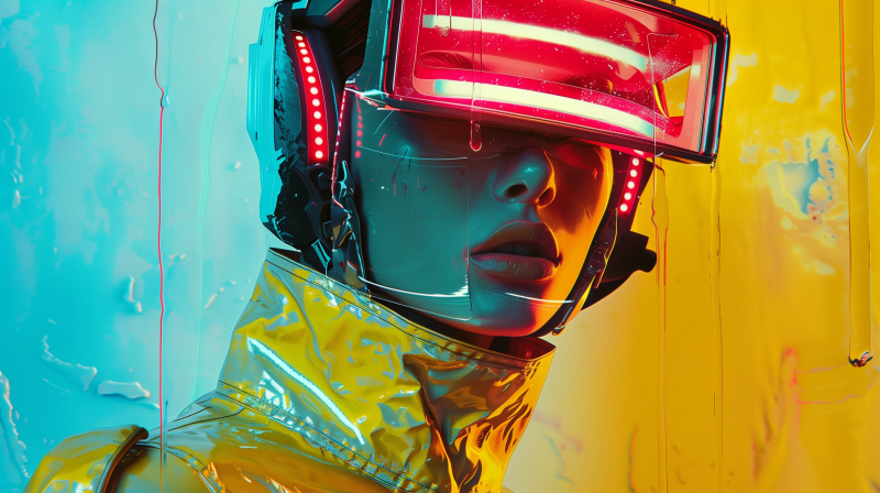 A woman in a sci-fi setting wearing futuristic goggles and headphones.