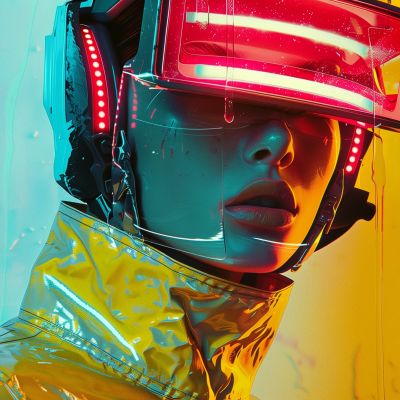 A woman in a sci-fi setting wearing futuristic goggles and headphones.