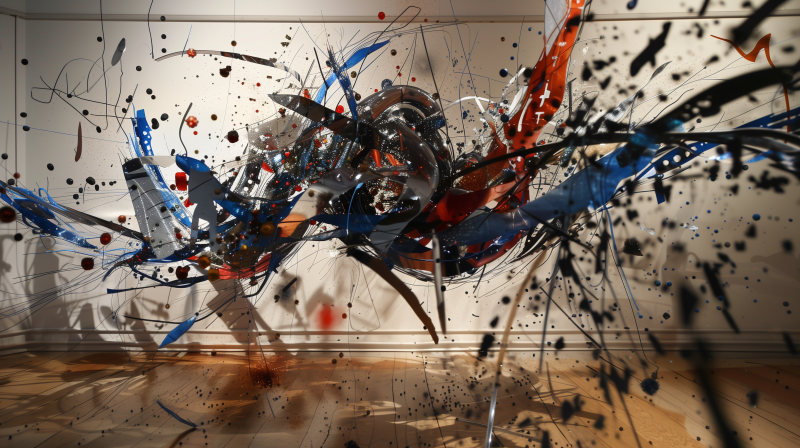 Dynamic abstract art piece with explosive swirls of blue, orange, and black splatters on a white background with shadows casting on a wooden floor.