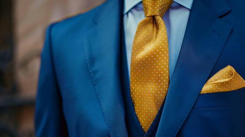 Close-up of a person wearing a blue business suit with a yellow polka-dotted tie.