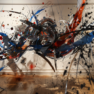 Dynamic abstract art piece with explosive swirls of blue, orange, and black splatters on a white background with shadows casting on a wooden floor.