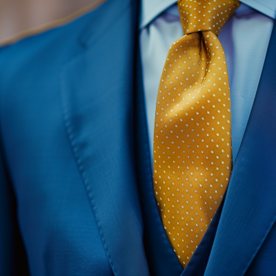 Close-up of a person wearing a blue business suit with a yellow polka-dotted tie.