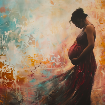 A pregnant woman in profile, gently cradling her belly, stands against a vibrant and colorful abstract background.