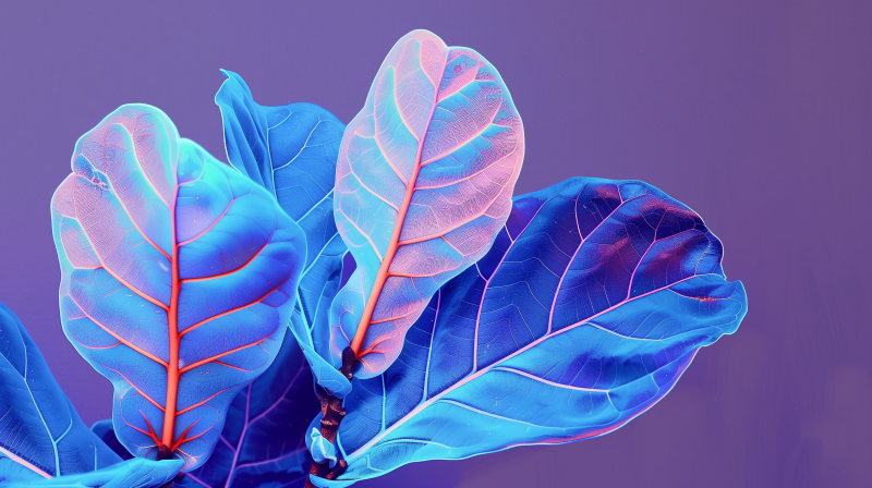 A vividly colored fiddle leaf fig houseplant with large, blue leaves against a purple background, highlighting the intricacies of its natural structure.