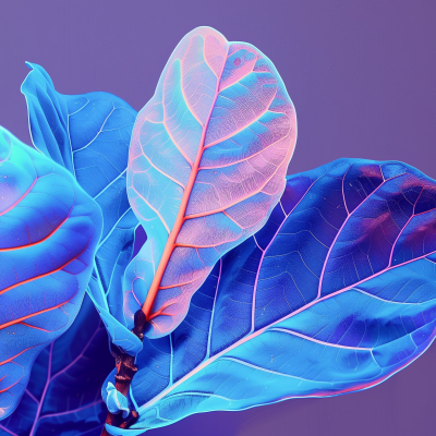 A vividly colored fiddle leaf fig houseplant with large, blue leaves against a purple background, highlighting the intricacies of its natural structure.