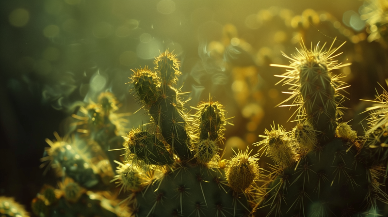 A close-up of a cactus bathed in warm sunlight, highlighting its sharp spines and textured surface.