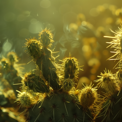 A close-up of a cactus bathed in warm sunlight, highlighting its sharp spines and textured surface.