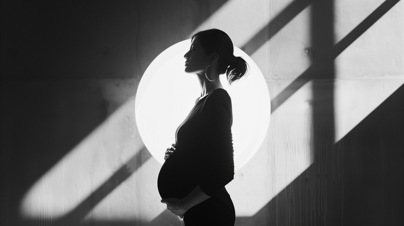 Silhouette of a pregnant woman standing to the side, backlit by a circular light source, creating a dramatic effect.