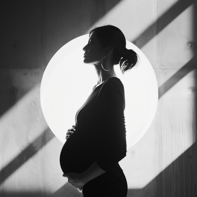 Silhouette of a pregnant woman standing to the side, backlit by a circular light source, creating a dramatic effect.