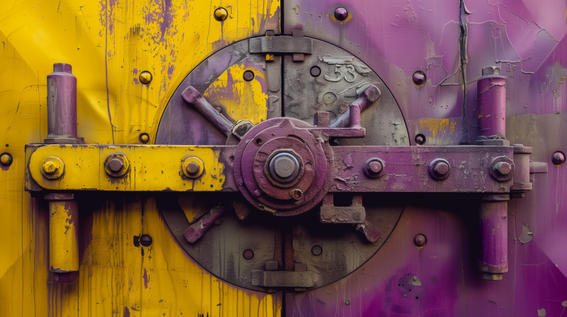 Close-up of a colorful vault door with a combination wheel, featuring vibrant purple and yellow hues with weathered textures.