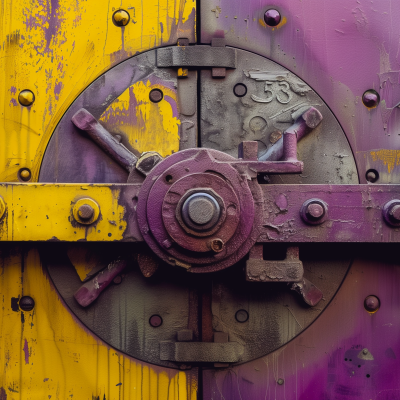 Close-up of a colorful vault door with a combination wheel, featuring vibrant purple and yellow hues with weathered textures.