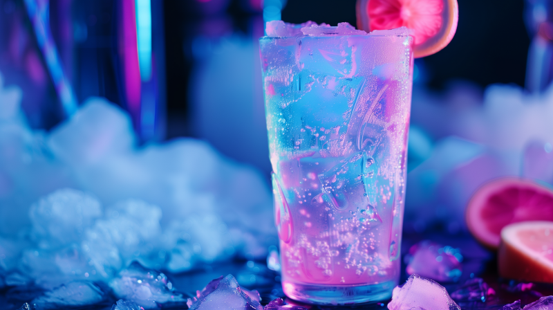 A frosty glass surrounded by ice cubes, illuminated with blue and pink lights, giving a cold and refreshing appearance to the drink.