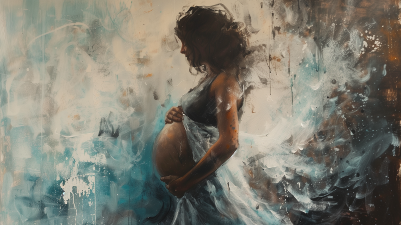 A side profile of a pregnant woman with a gentle hand on her belly, set against an abstract art background.