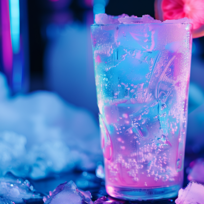 A frosty glass surrounded by ice cubes, illuminated with blue and pink lights, giving a cold and refreshing appearance to the drink.