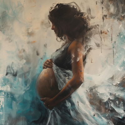 A side profile of a pregnant woman with a gentle hand on her belly, set against an abstract art background.