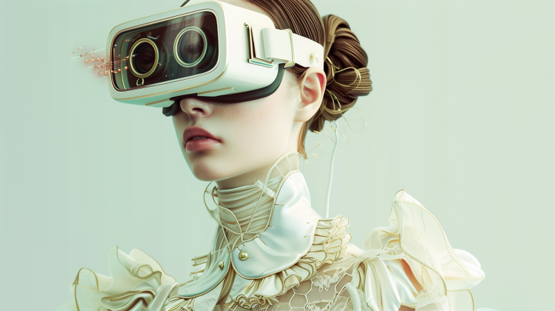 A woman dressed in Victorian-style attire with a modern virtual reality headset on her face.