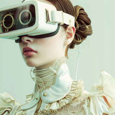 A woman dressed in Victorian-style attire with a modern virtual reality headset on her face.