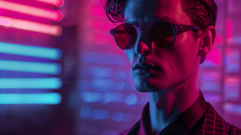 A man wearing cool sunglasses with a neon pink and blue light reflecting on his face.