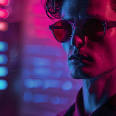 A man wearing cool sunglasses with a neon pink and blue light reflecting on his face.