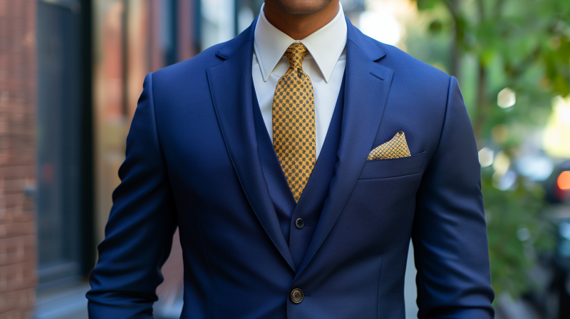 A person wearing a sharp blue business suit with a white shirt and a yellow patterned tie.