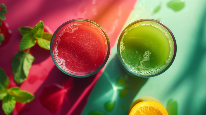 Two glasses of colorful juice or smoothie on a vibrant, sunny background, with one glass containing a red beverage and the other green, accompanied by slices of citrus fruit.