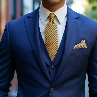 A person wearing a sharp blue business suit with a white shirt and a yellow patterned tie.