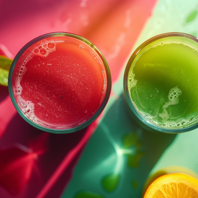 Two glasses of colorful juice or smoothie on a vibrant, sunny background, with one glass containing a red beverage and the other green, accompanied by slices of citrus fruit.