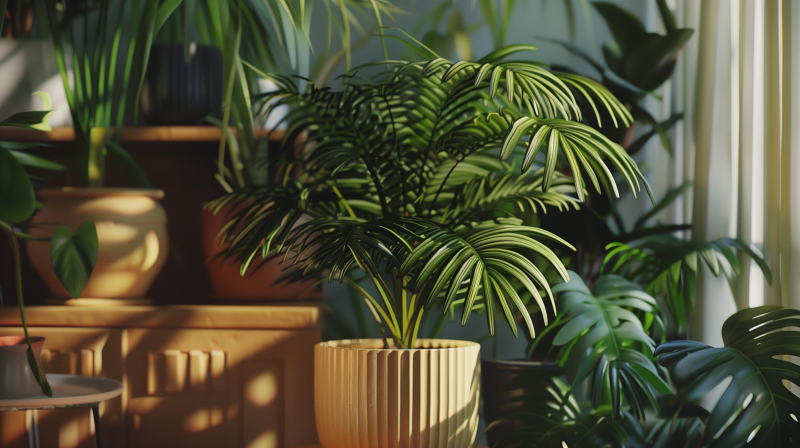 A lush green houseplant with long, slender leaves in a ribbed golden pot, surrounded by other indoor plants.