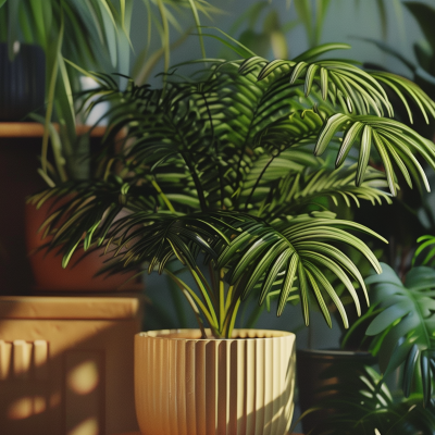 A lush green houseplant with long, slender leaves in a ribbed golden pot, surrounded by other indoor plants.