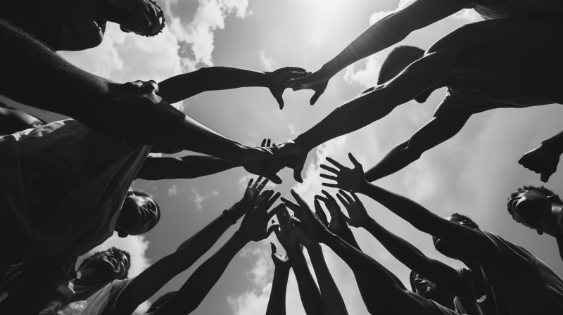 Silhouette of multiple hands reaching out and joining together against the sky, symbolizing teamwork and collaboration.