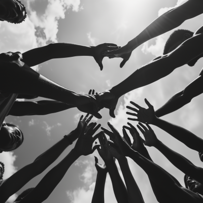 Silhouette of multiple hands reaching out and joining together against the sky, symbolizing teamwork and collaboration.