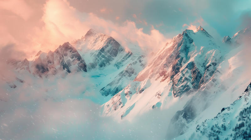 Snow-covered mountain peaks bathed in soft dawn or dusk light, with light flurries of snow and a serene, pastel sky.