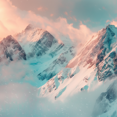 Snow-covered mountain peaks bathed in soft dawn or dusk light, with light flurries of snow and a serene, pastel sky.