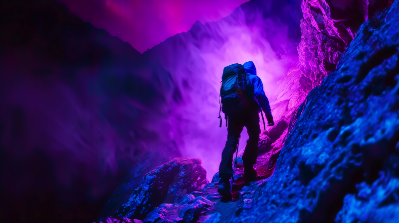 A hiker with a backpack ascending a rugged trail on a mountain, with the scene cast in vibrant purple and pink hues.