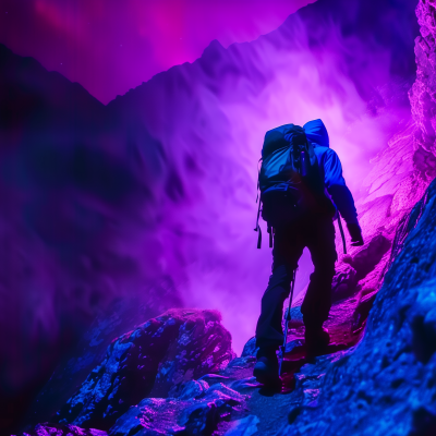 A hiker with a backpack ascending a rugged trail on a mountain, with the scene cast in vibrant purple and pink hues.