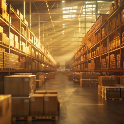 A well-lit warehouse interior with tall shelving units on both sides, stocked with various boxes and parcels, and a smooth central aisle.
