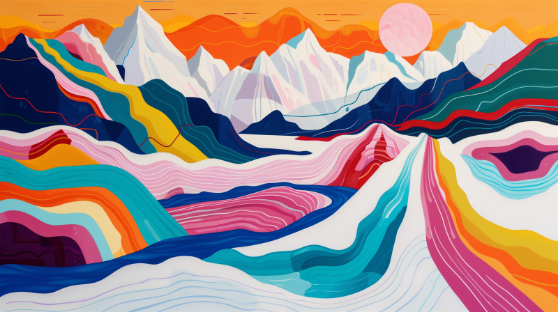 Artistic illustration of colorful, stylized mountains with flowing patterns under a warm-toned sky with a large pink sun.