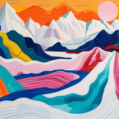 Artistic illustration of colorful, stylized mountains with flowing patterns under a warm-toned sky with a large pink sun.