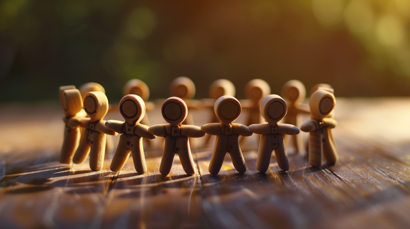 A circle of wooden figures holding hands, symbolizing connection and teamwork, basked in warm sunlight.