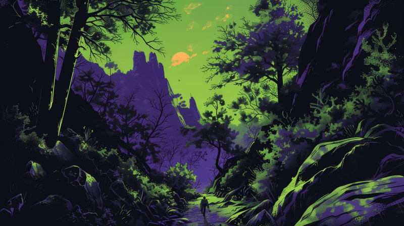 Digital illustration of a vibrant, purple and green mystical landscape with silhouetted mountains, an orange moon, and a solitary figure walking through the forest.