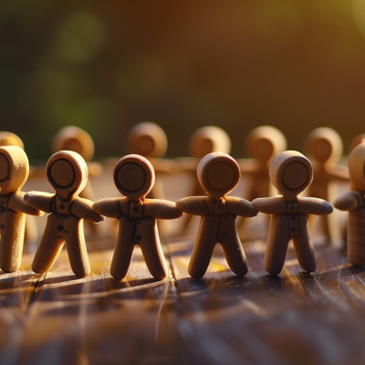 A circle of wooden figures holding hands, symbolizing connection and teamwork, basked in warm sunlight.