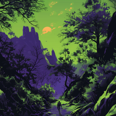 Digital illustration of a vibrant, purple and green mystical landscape with silhouetted mountains, an orange moon, and a solitary figure walking through the forest.