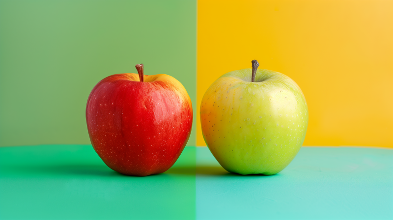 A red apple and a green apple against a split green and orange background.